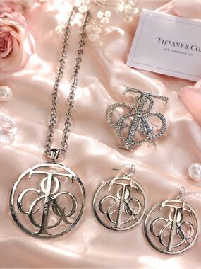 Stainless steel Source Unknown Silver Monogram Circle Necklace and Earring Set